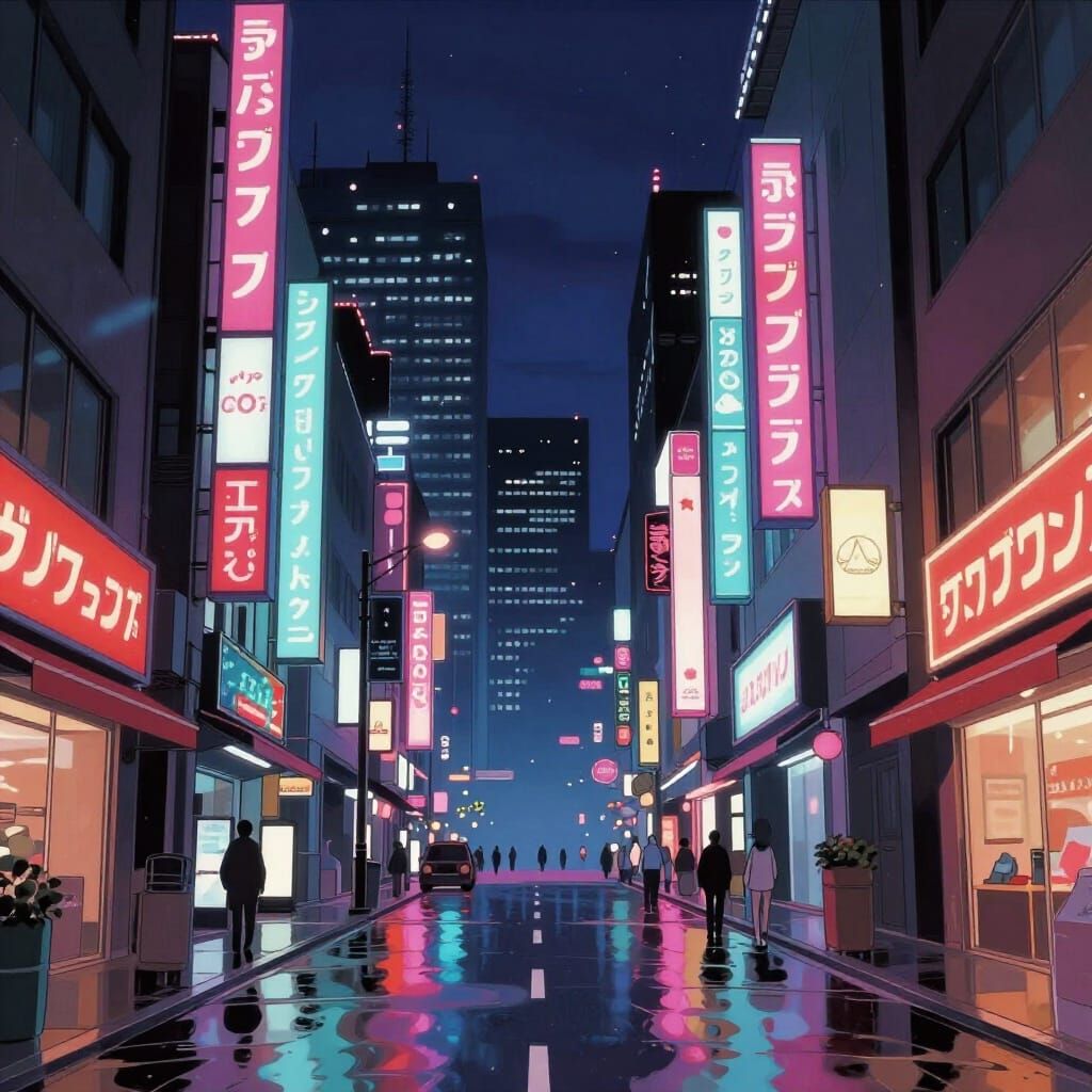 Vibrant Anime Cityscape with Neon Reflections