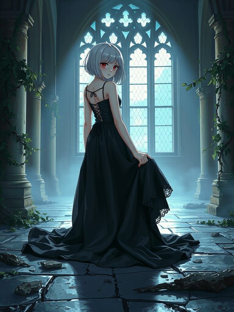 Anime Girl in Gothic Cathedral with Ethereal Lighting