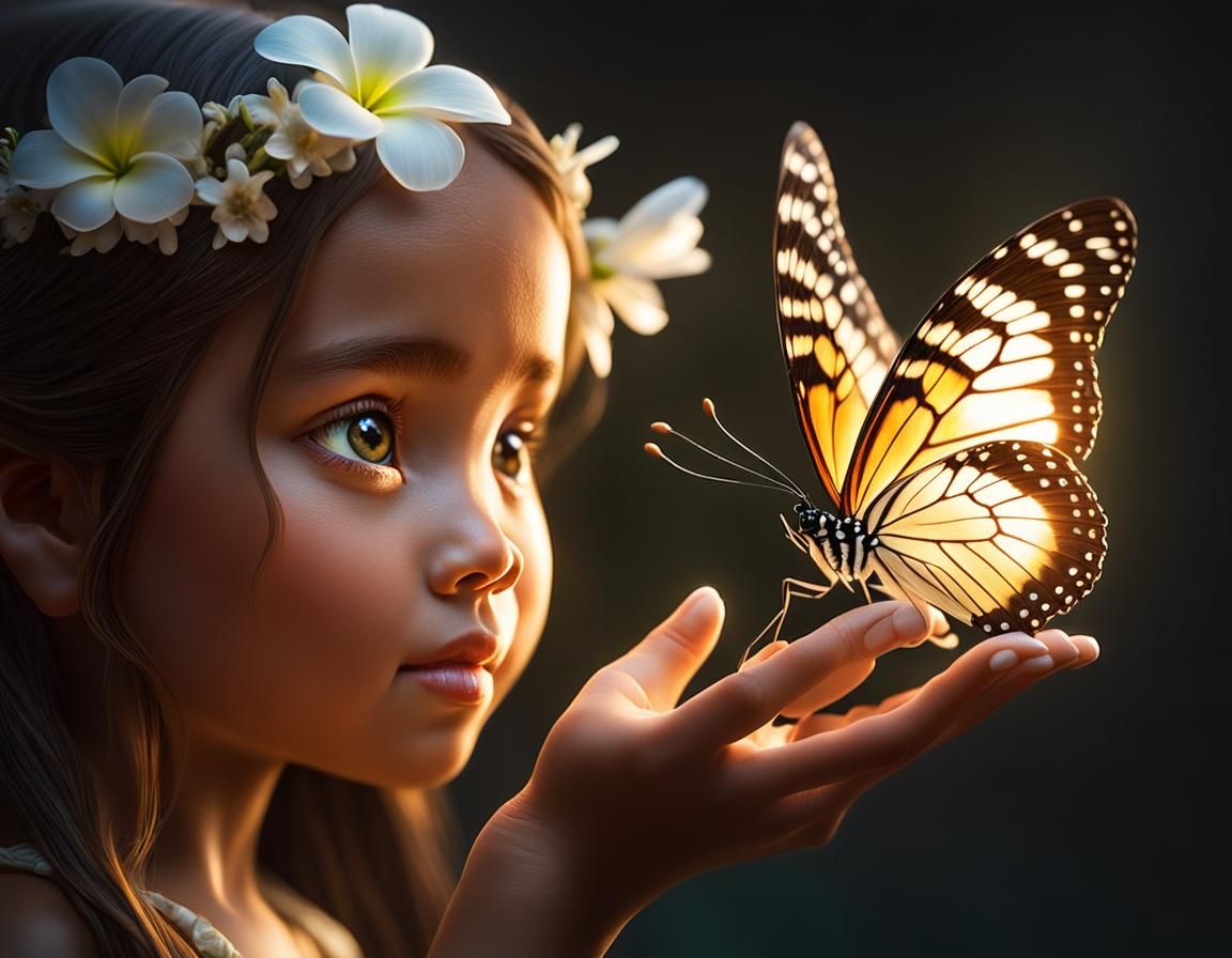 Girl with Butterfly and White Flower