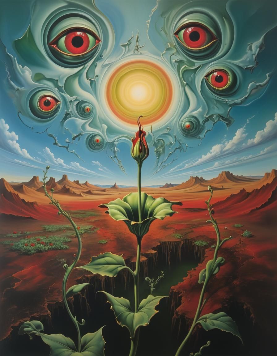Surreal Landscape with Elastic Flora, Oil on Canvas