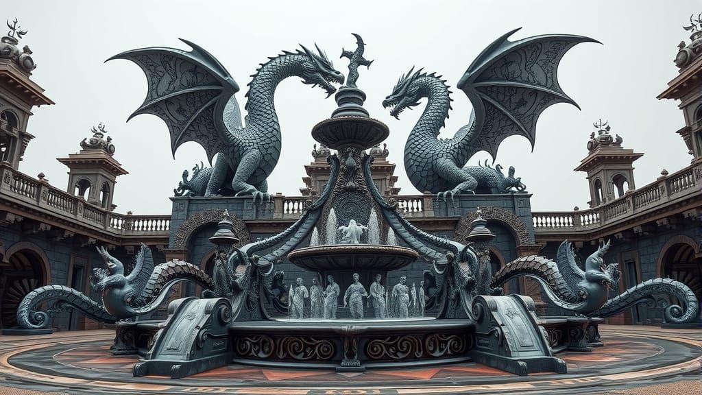 Dragon Sculptures and Baroque Fountains
