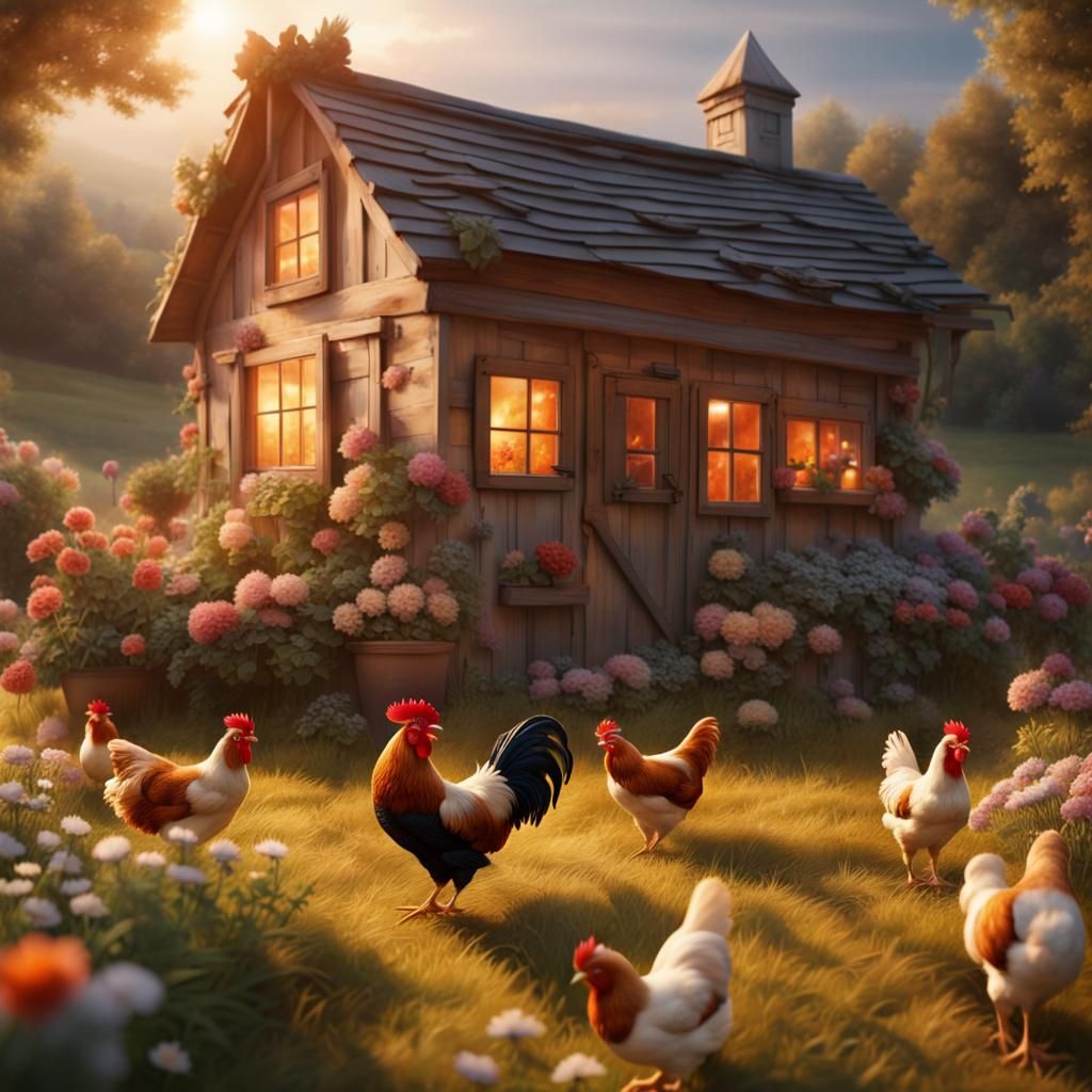 Rooster Crows on Hen House in Cozy Farm Landscape