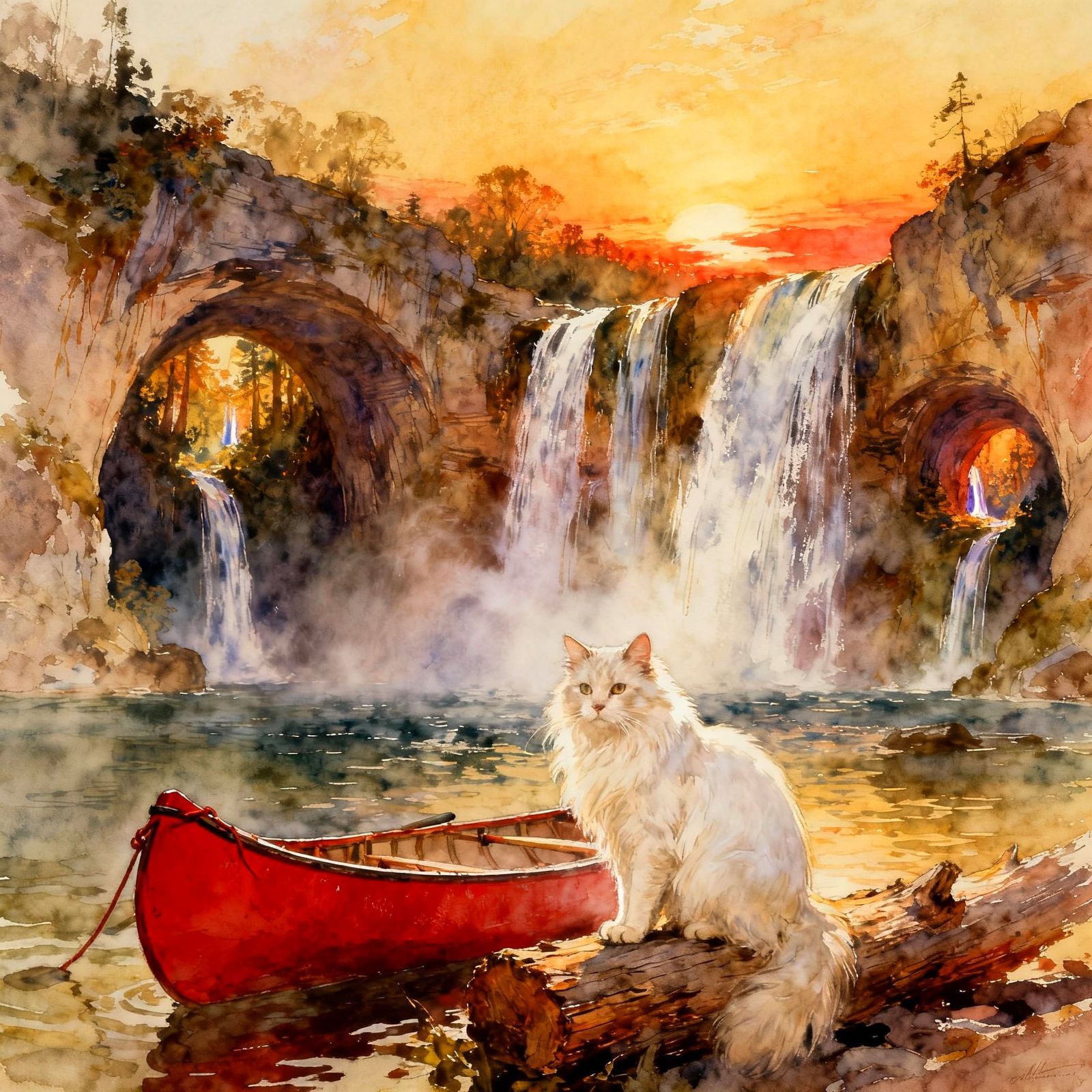 White Cat by Waterfalls in Golden Hour Watercolor Style