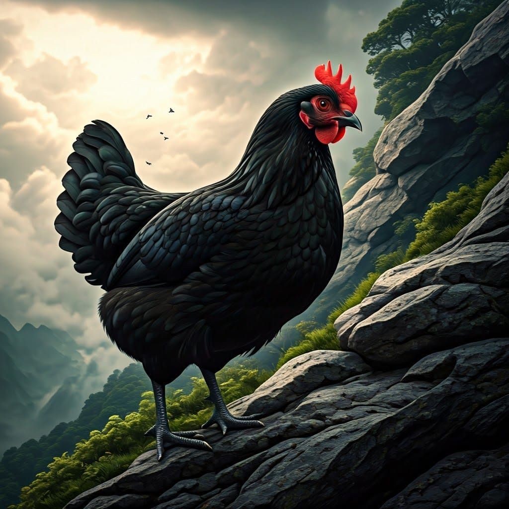 Hyperrealistic Black Chicken Ascends Rocky Mountain