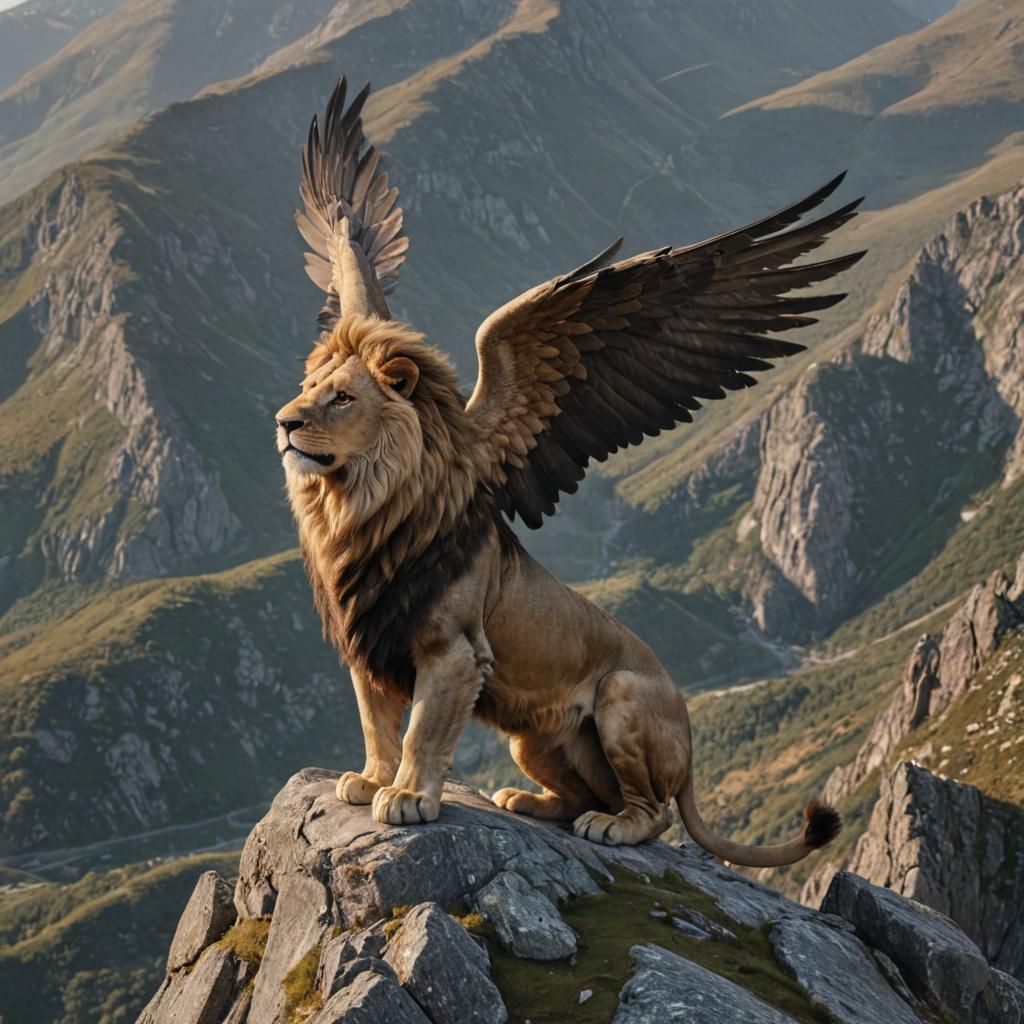 Winged Lion Perched on Mountain Peak