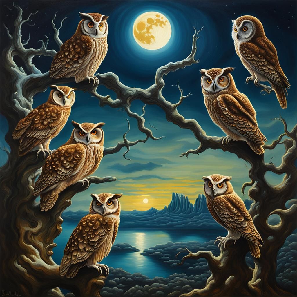 Surreal Owls in Starry Sky, Melting Oil Canvas