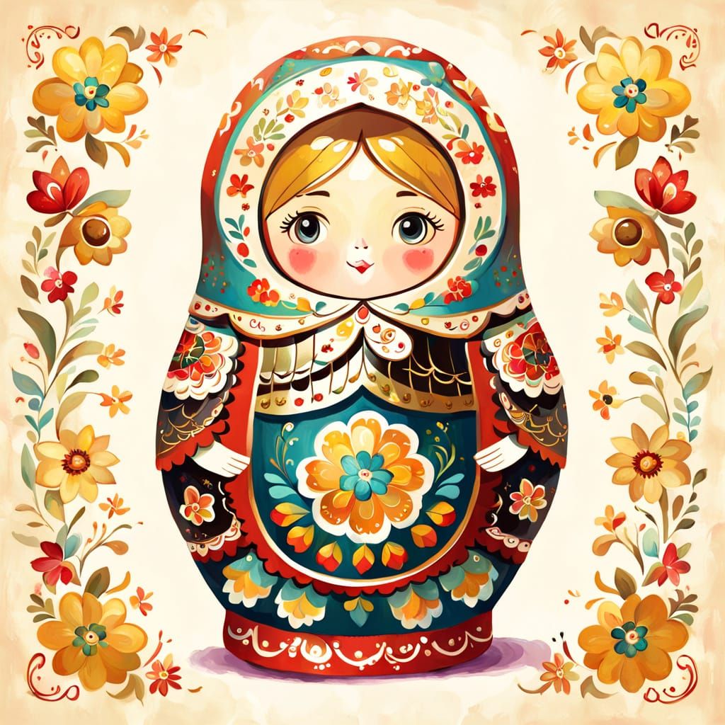 Whimsical Russian Folk Art Matryoshka Doll Plays Accordion