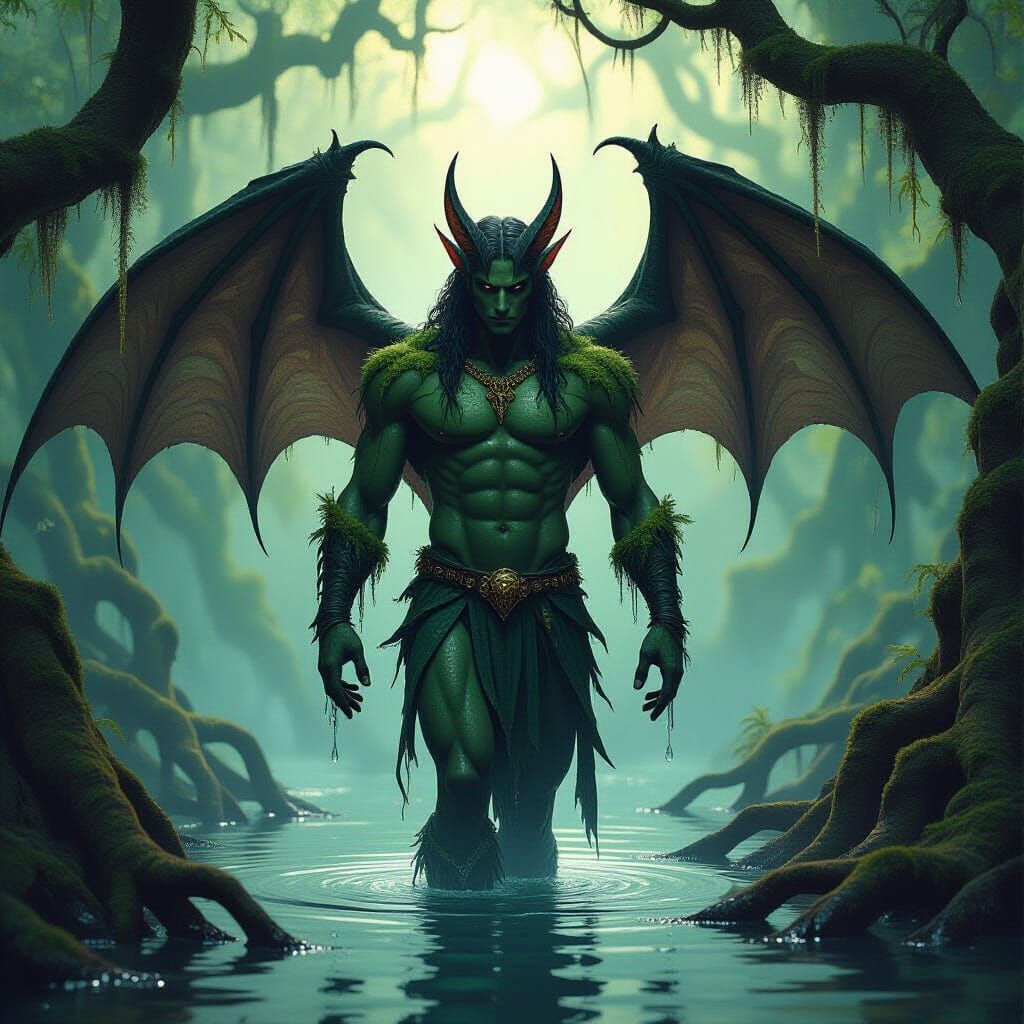 Moss-Covered Fae with Bat Wings in Dark Fantasy Style