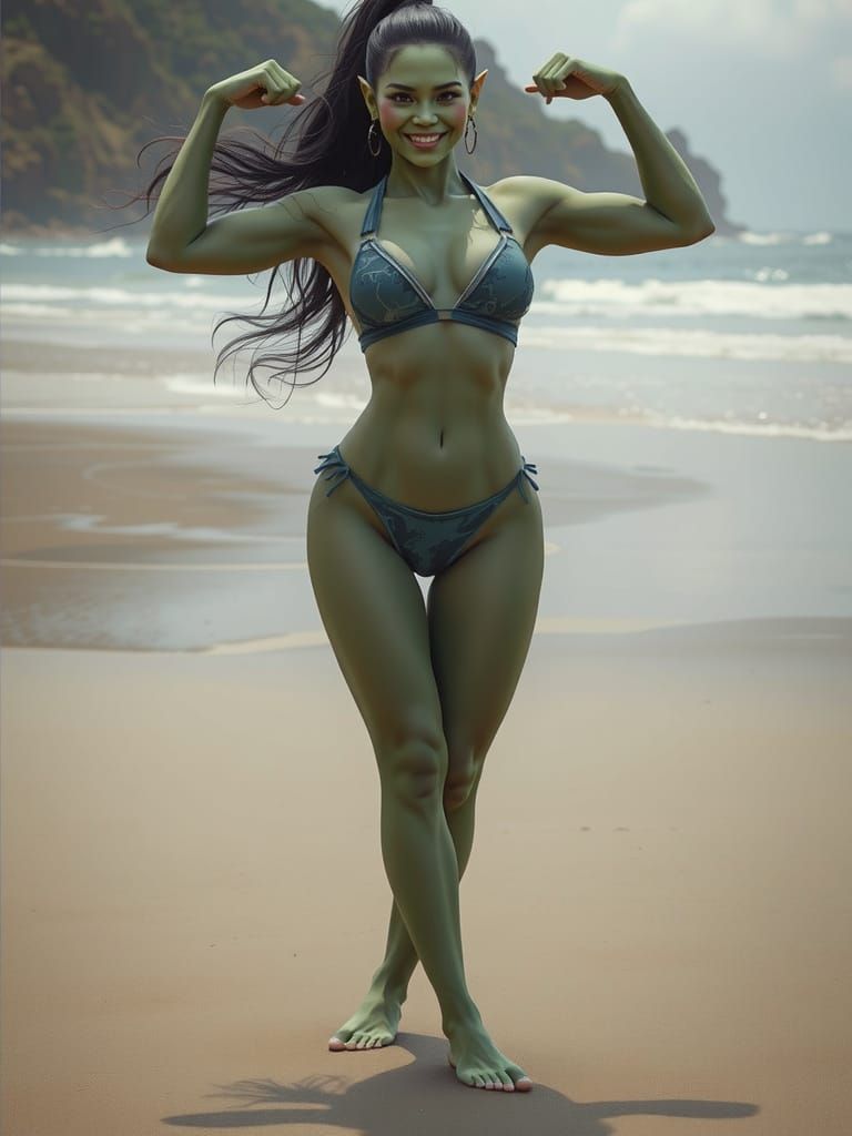 Beautiful Orc Woman on the Beach in Vibrant Style