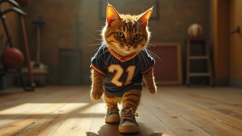 Cat Athlete in Vintage Style Gym, Painterly Textures