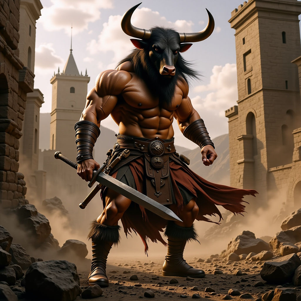 Minotaur Warrior Storms Fortress in Cinematic Photo