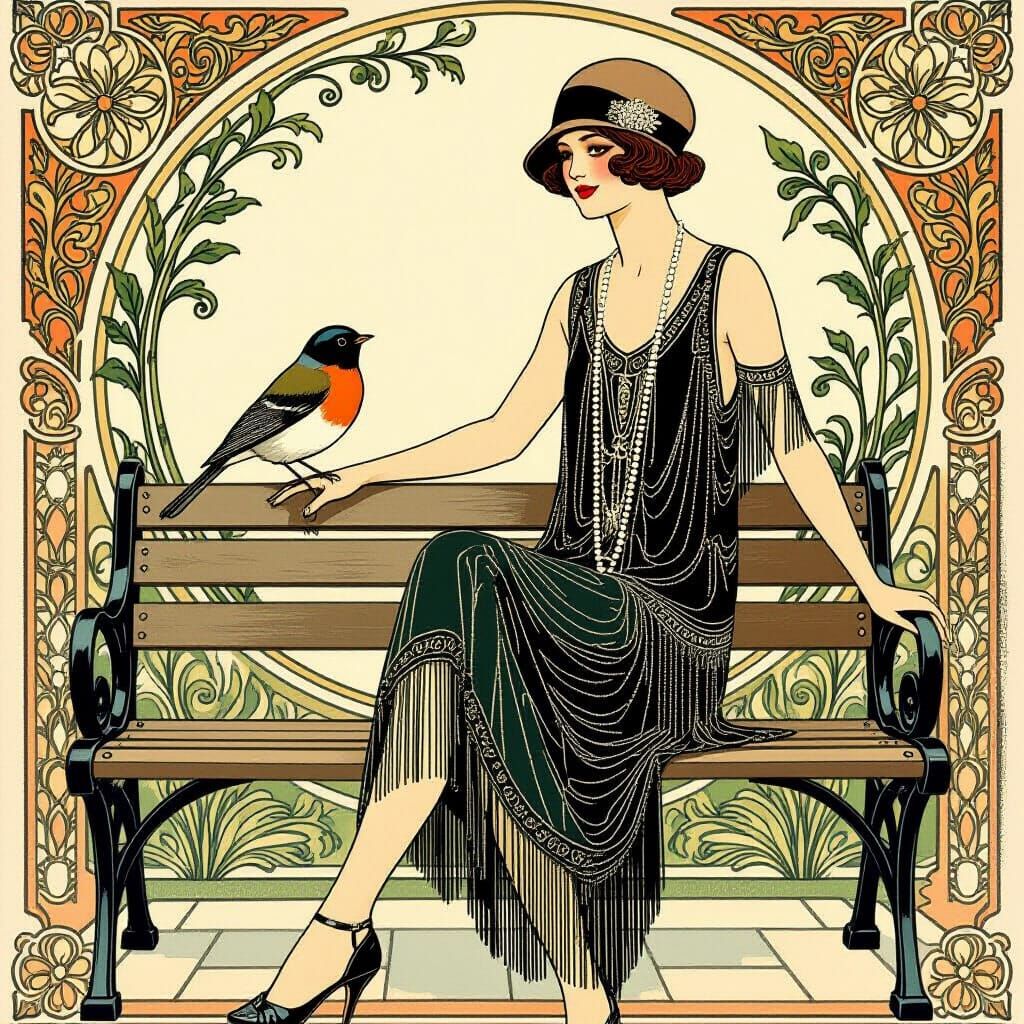 Flapper and Robin in Art Nouveau Style