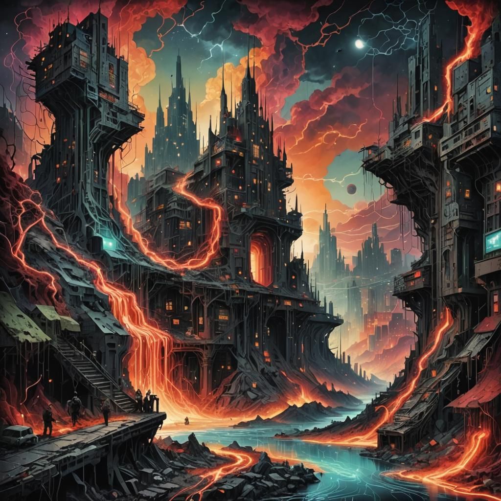 Dystopian Metropolis with Circuitry Landscape as Digital Pai...