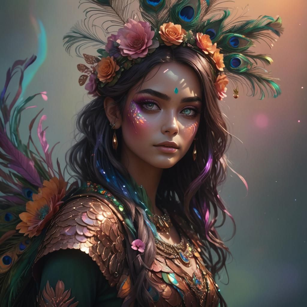 Rainbow Woman with Peacock Feathers, 3D Digital Art