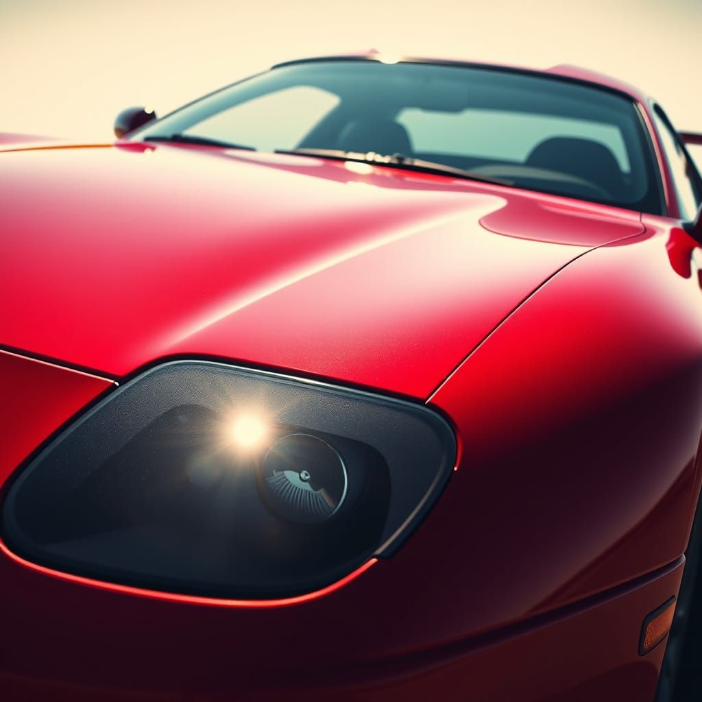 Futuristic Cherry Red Sports Car in Low-Angle Shot
