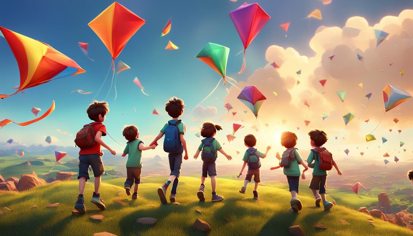 a group of children standing on a hillside, flying kites on a very windy day Pixar, Disney, concept art, 3d digital art,...