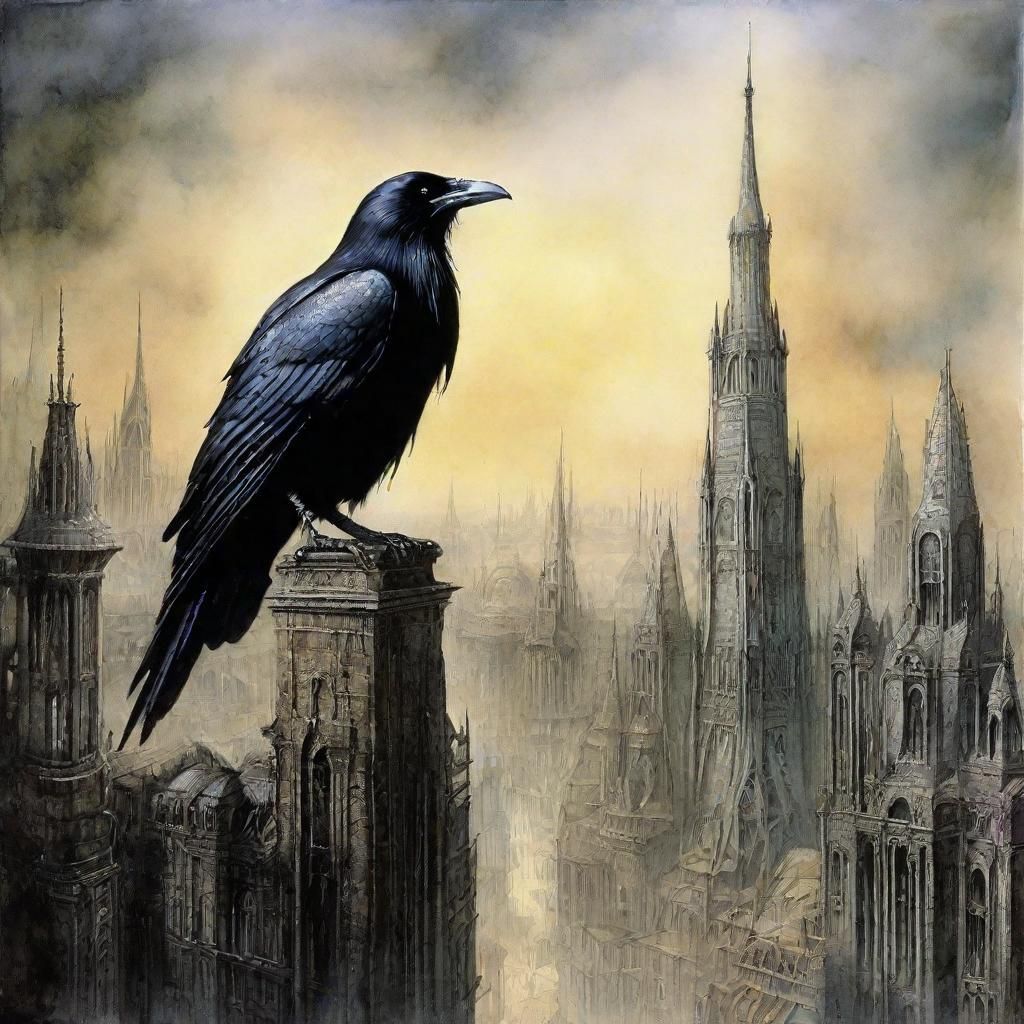Raven in Surreal Cityscape: Watercolor Oil Painting
