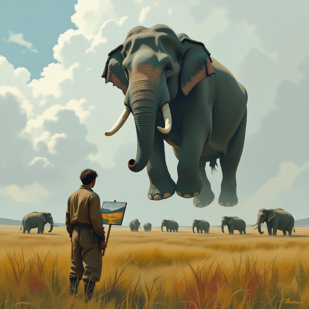 Man Under Giant Elephants in Dramatic Field