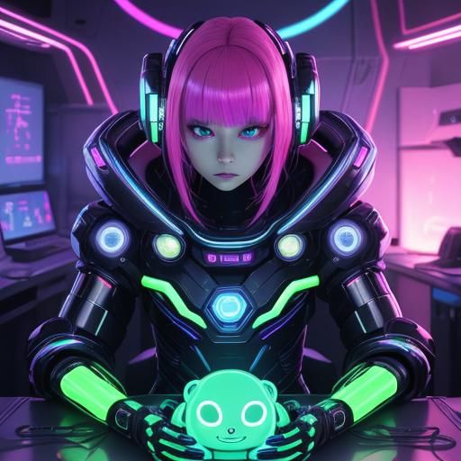 Cutepunk Baby Robot in Cyberpunk Laboratory