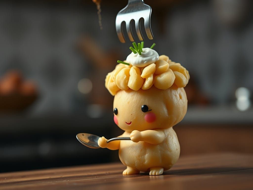 Chibi Potato Baby in a Whimsical Kitchen Scene