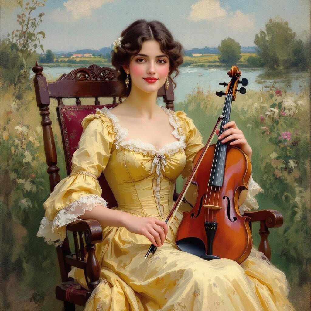 Elegant Woman in Flowing Yellow Silk Dress with Embroidery