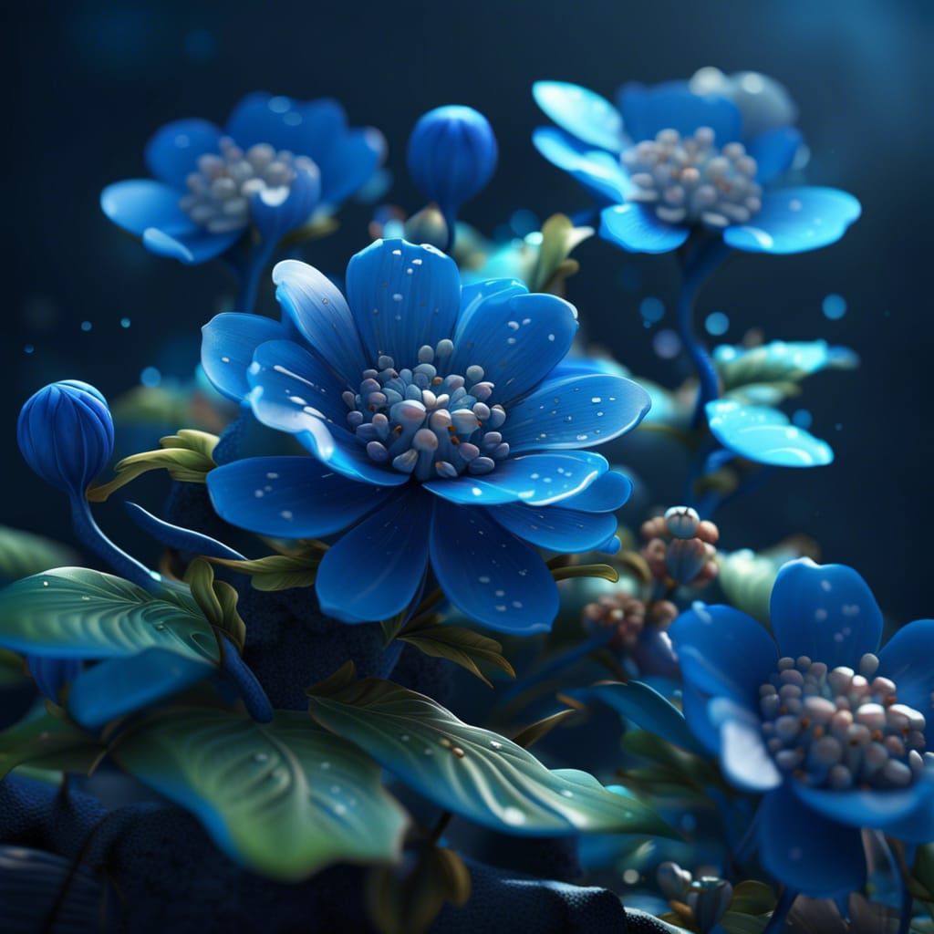 Cute Blue Japanese Flower in Matte Painting Style