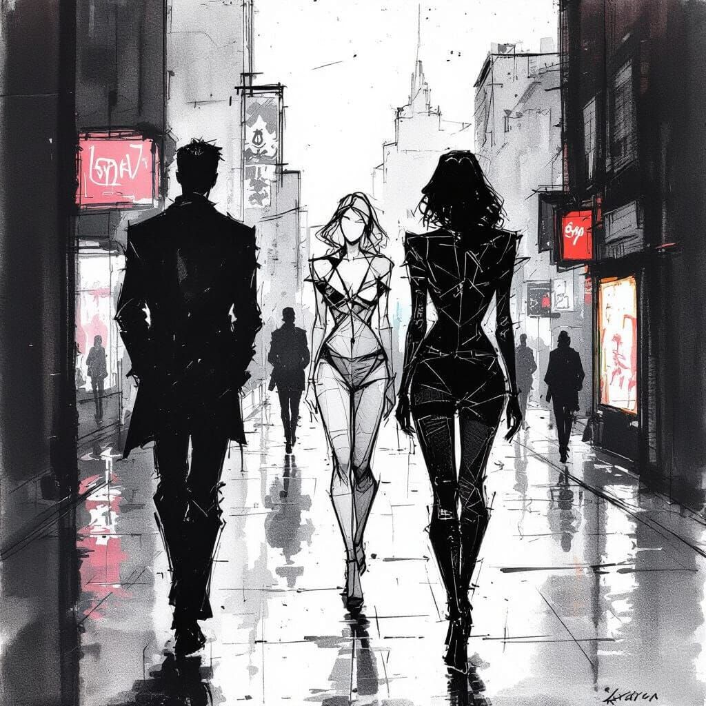 Ink Drawing of Fragmented Figures in Urban Landscape