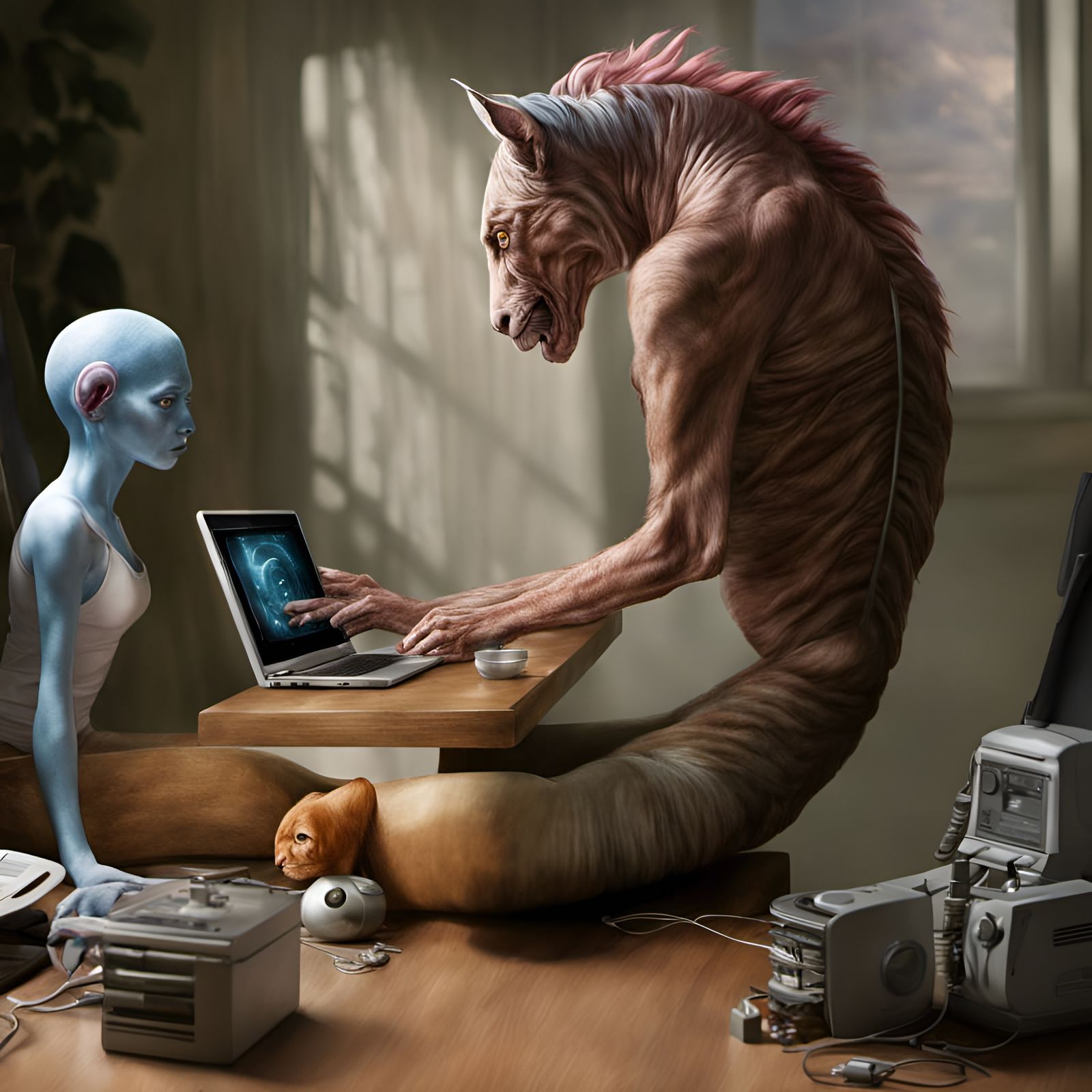 Woman and Bizarre Creature in Surreal Realism