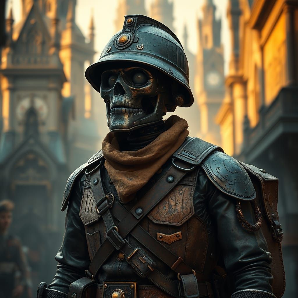 Veteran Tin Soldier in Gothic Cityscape