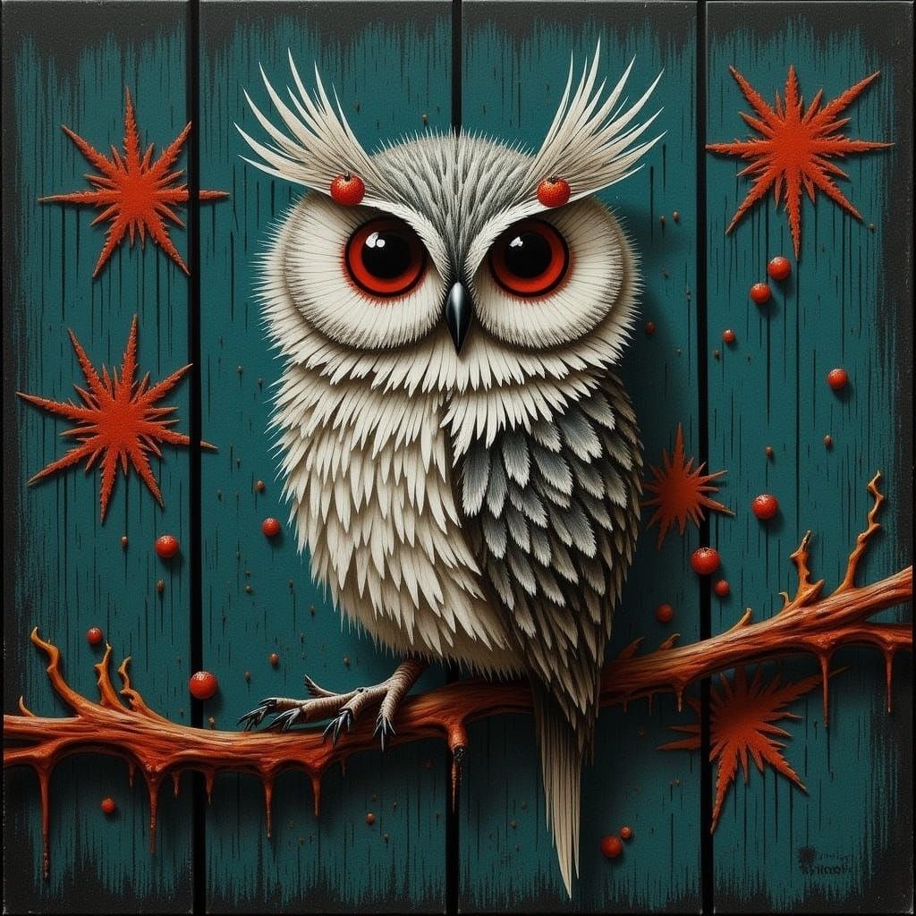 Dreamlike Owl in Dark Teal Gothic Wonderland with Rusty Red...