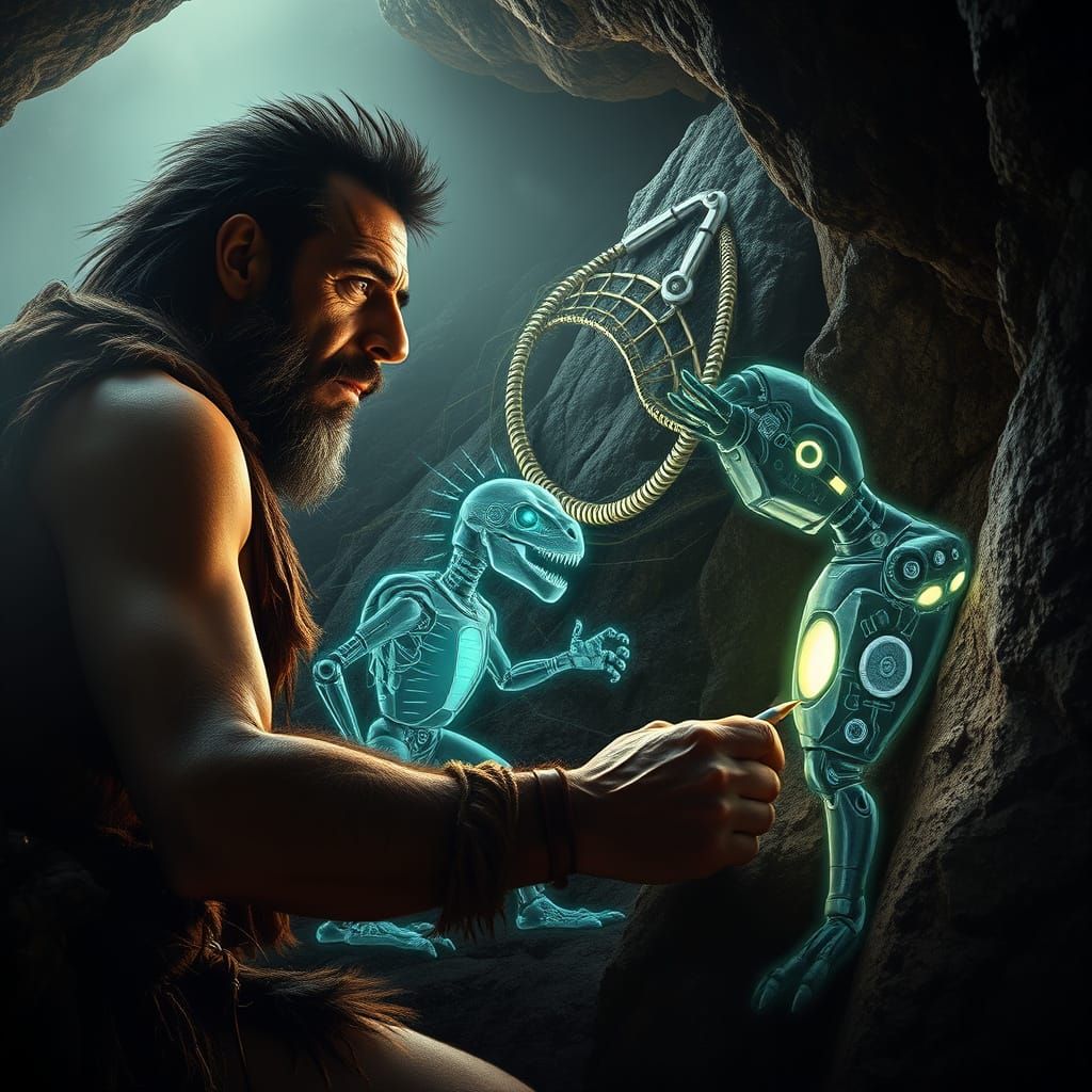 Primitive Man Draws Futuristic Cyber Robot in Cave