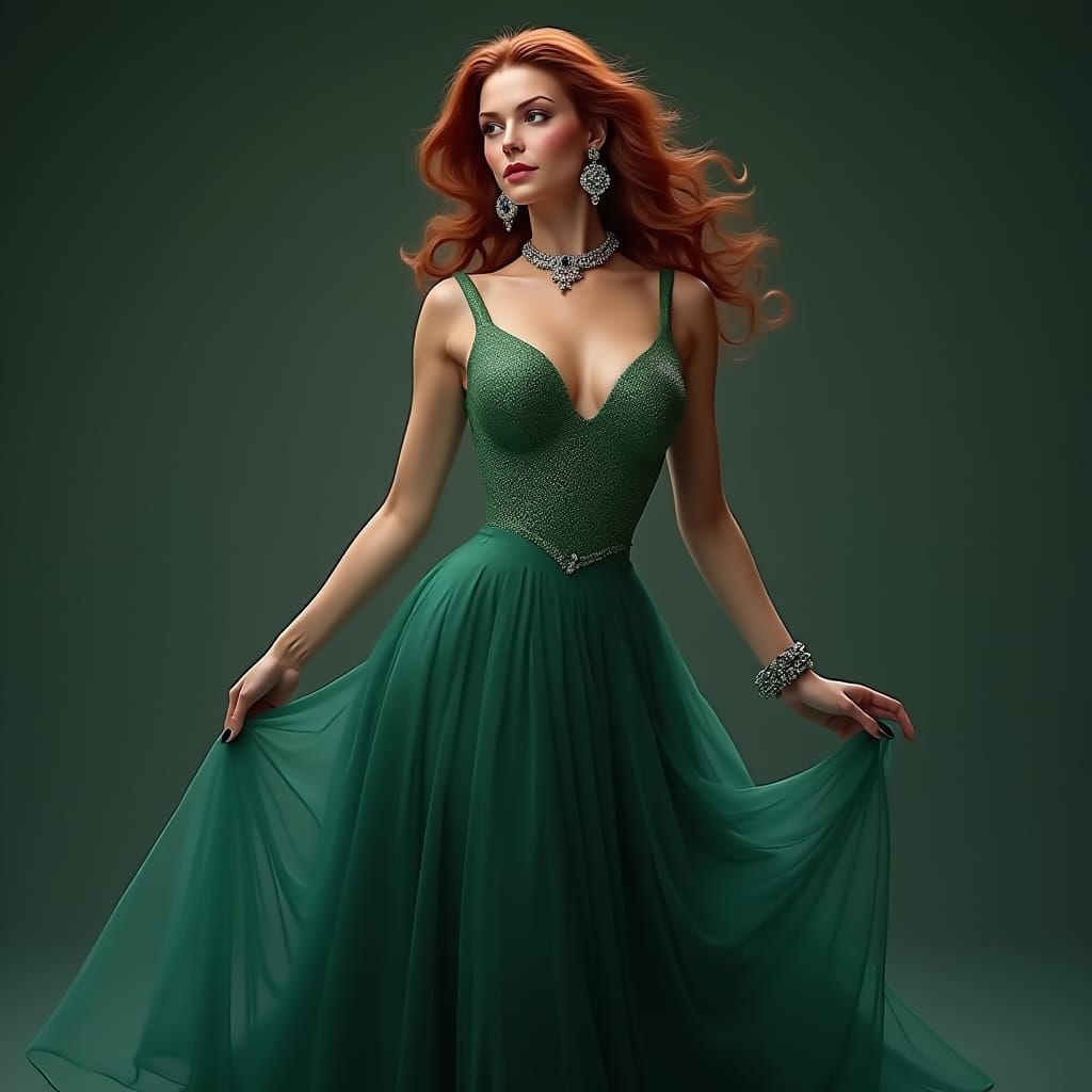 Elegant Woman in Emerald Gown Digital Art