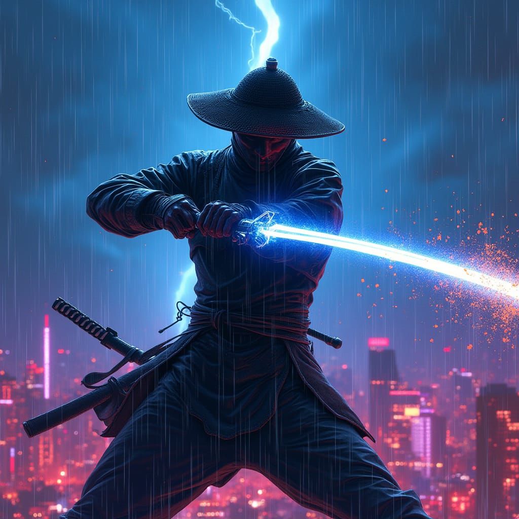 Cyber Samurai Slices Through Neon City Rain