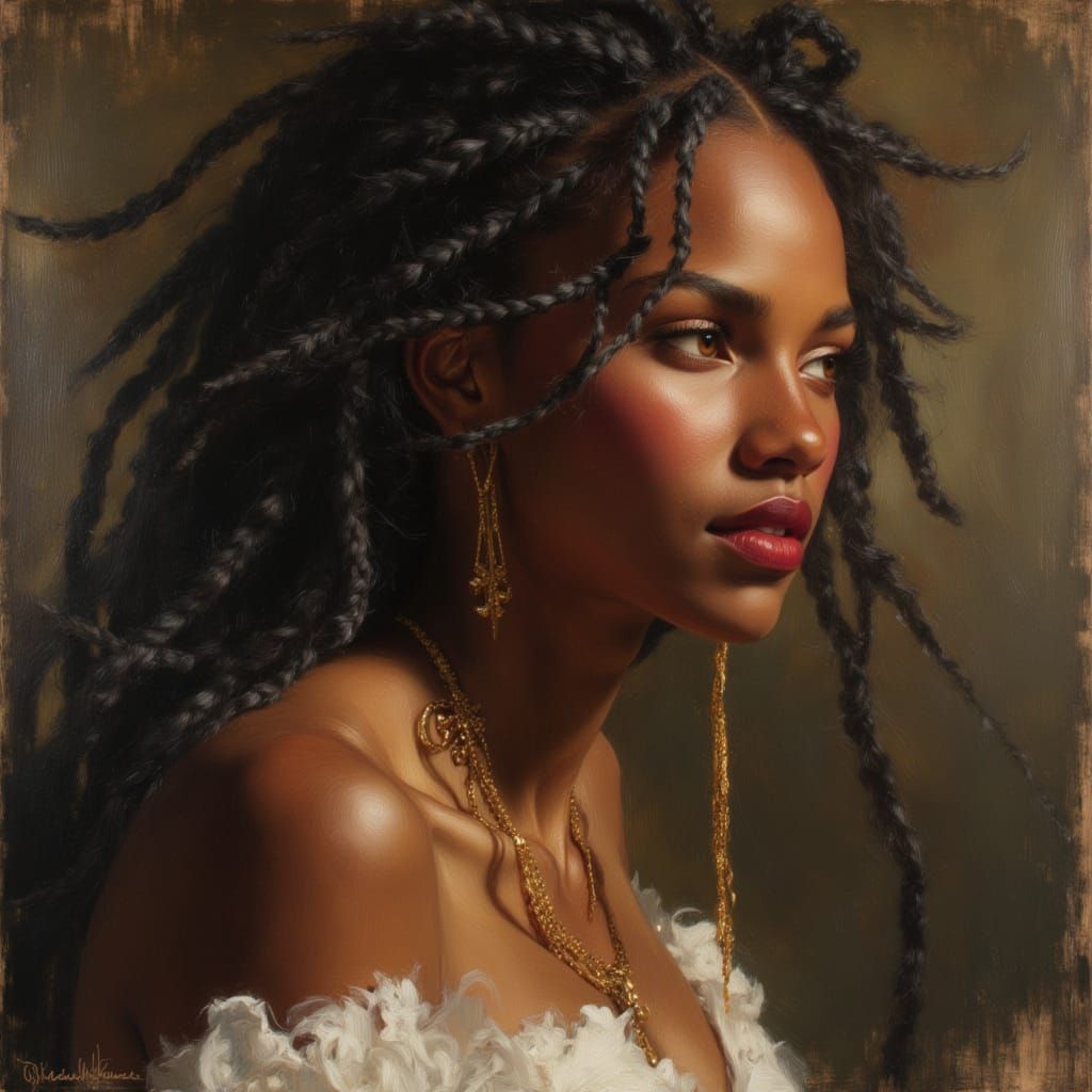 African Goddess in White Gown with Gold Accents