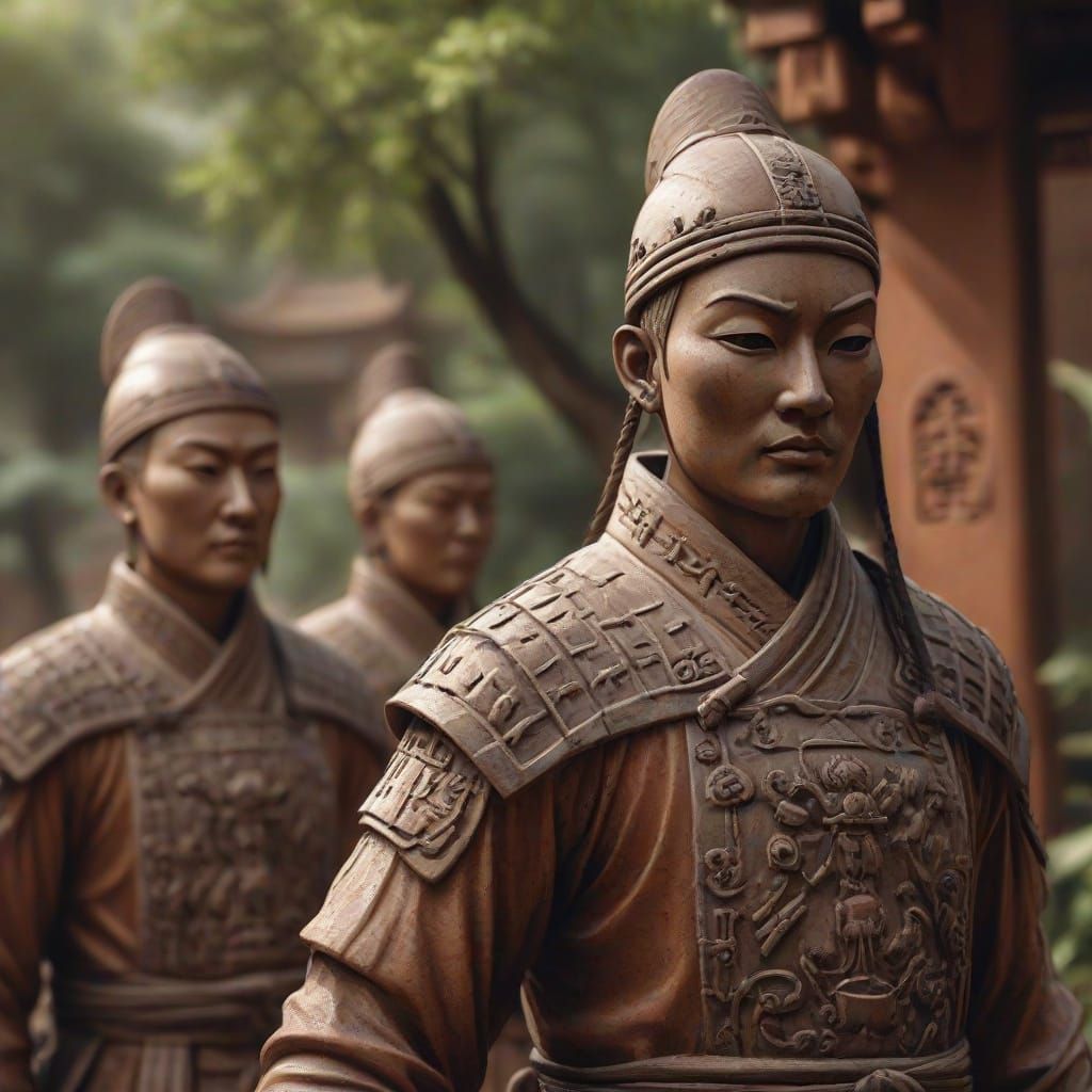 Hyperrealistic Terracotta Soldiers in Chinese Garden
