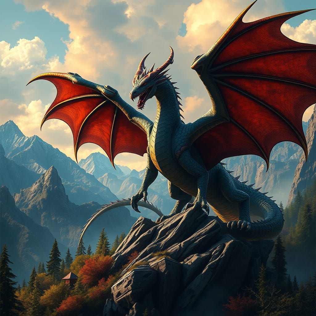 Majestic Dragon Soars in Vibrant High-Fantasy Landscape