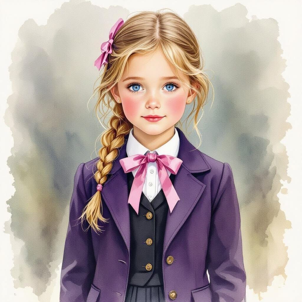 Girl in Boarding School Uniform: Watercolor Illustration