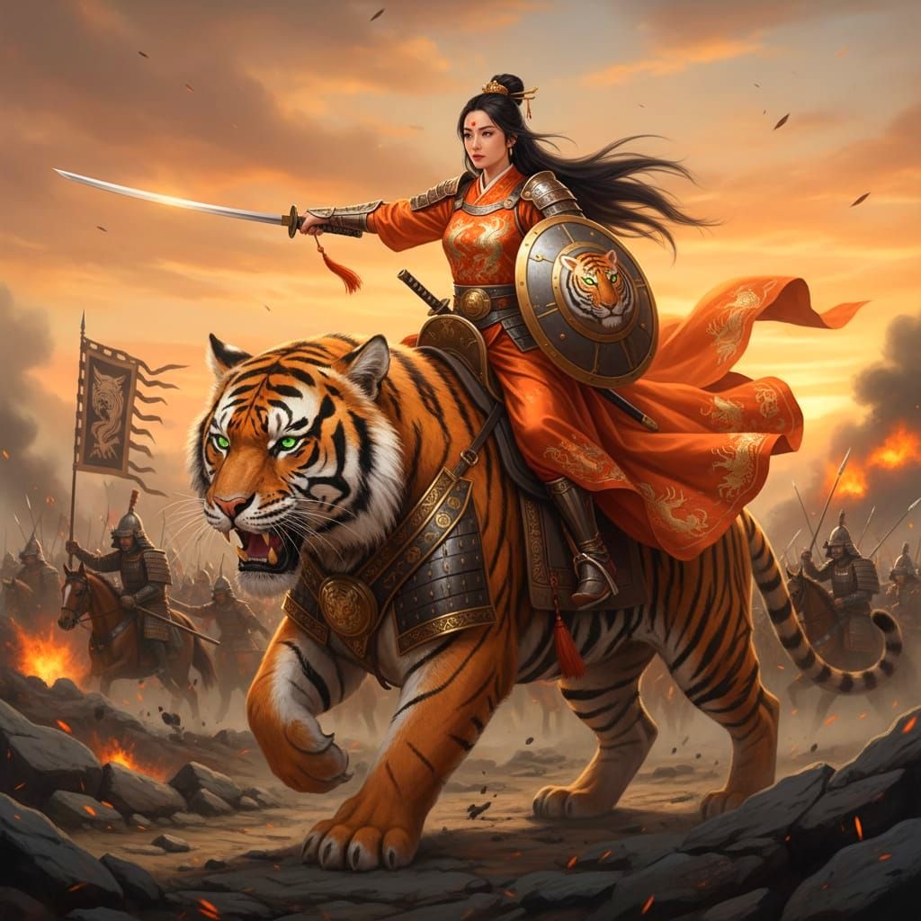 Samurai Woman in Orange Dress Rides Tiger into Battle