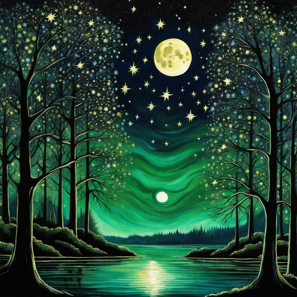 Gothic Starry Night Forest in Watercolor Style