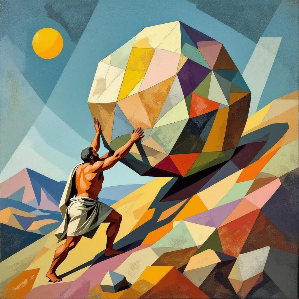 Sisyphus Pushing Boulder in Cubist Style