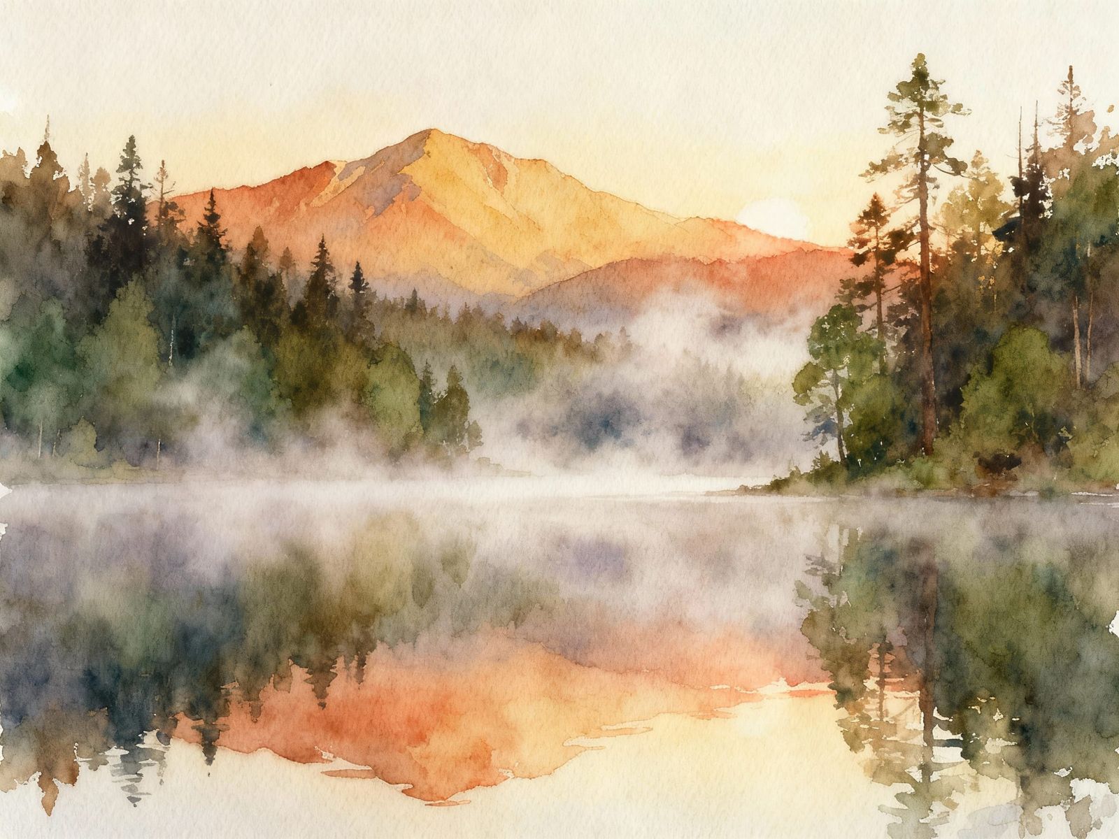 Watercolor Sunrise Over Forest Lake in Earth Tones