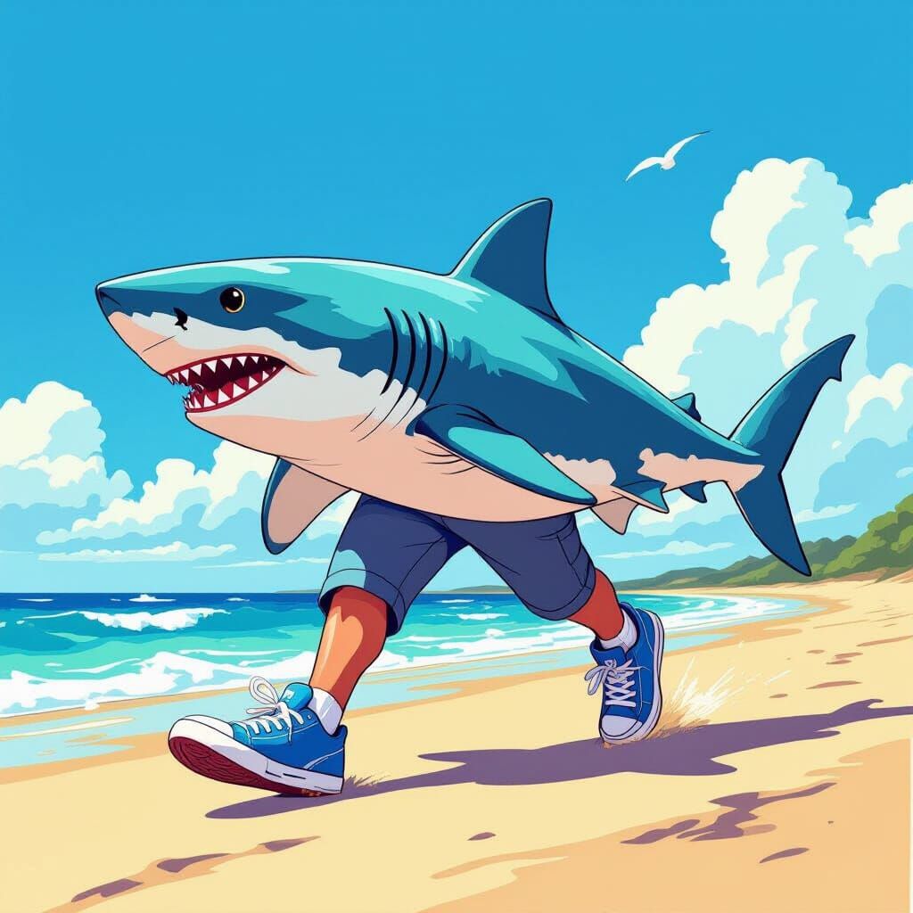 Shark with Blue Sneakers on Beach Illustration