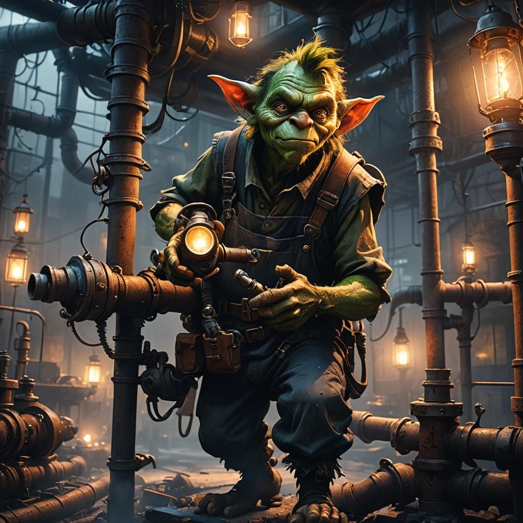 Goblin Plumber Repairs Pipes in Industrial City