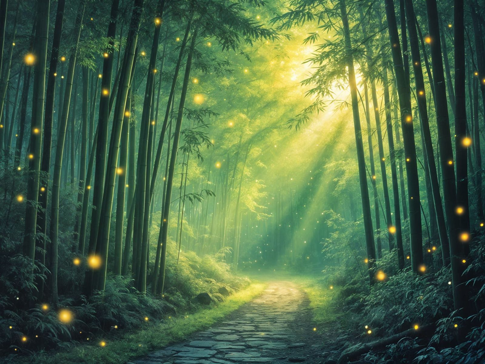 Arashiyama Bamboo Forest at Dawn with Fireflies