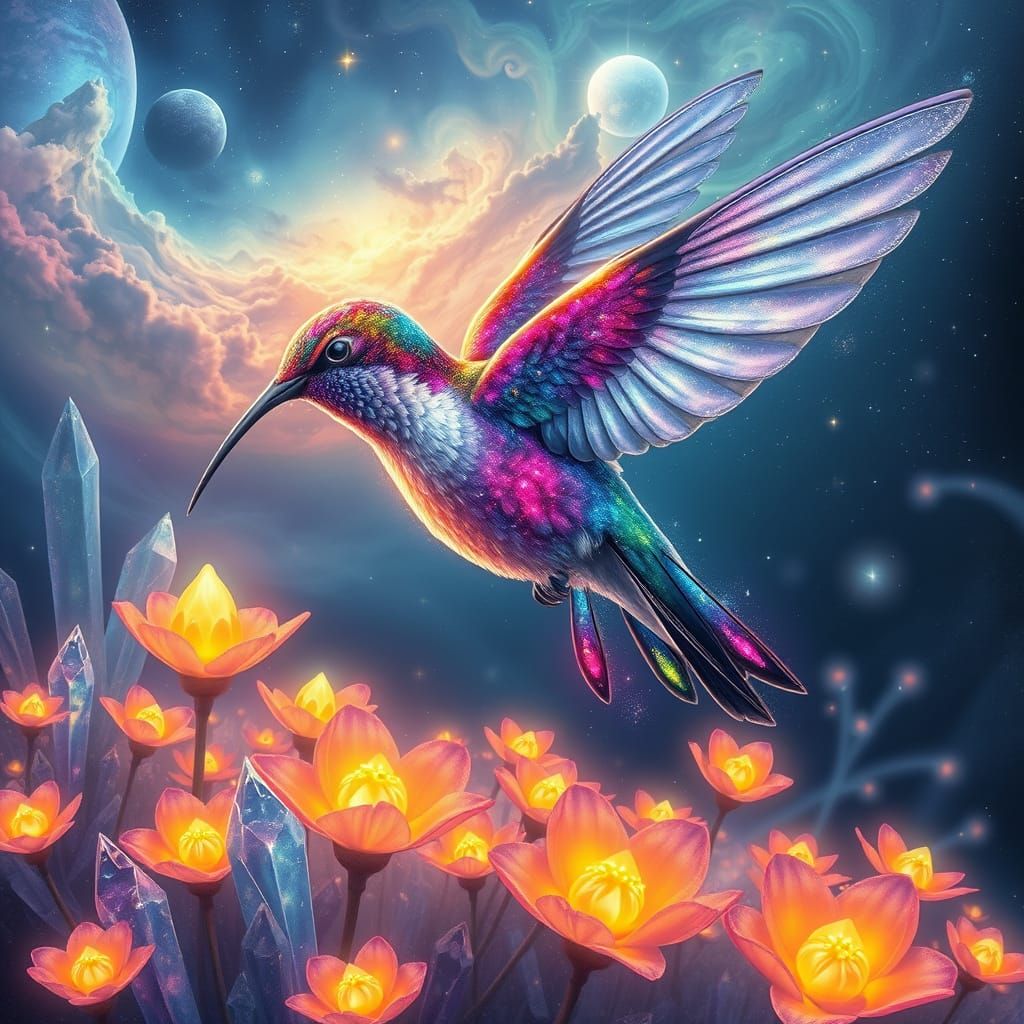 Dreamlike Cosmic Hummingbird in Ethereal, Vibrant Colors