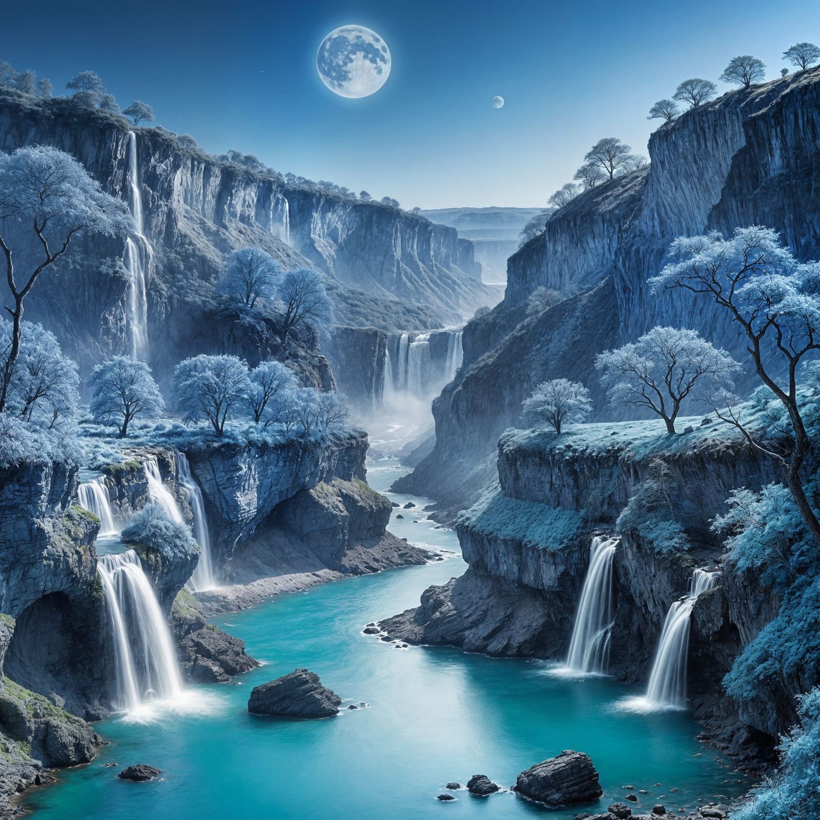 Blue Monochromatic Landscape with Waterfalls and Moon