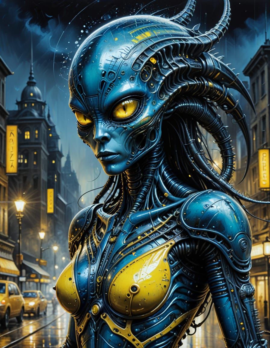 Steampunk Xenomorph in Blue Dress, Oil Painting