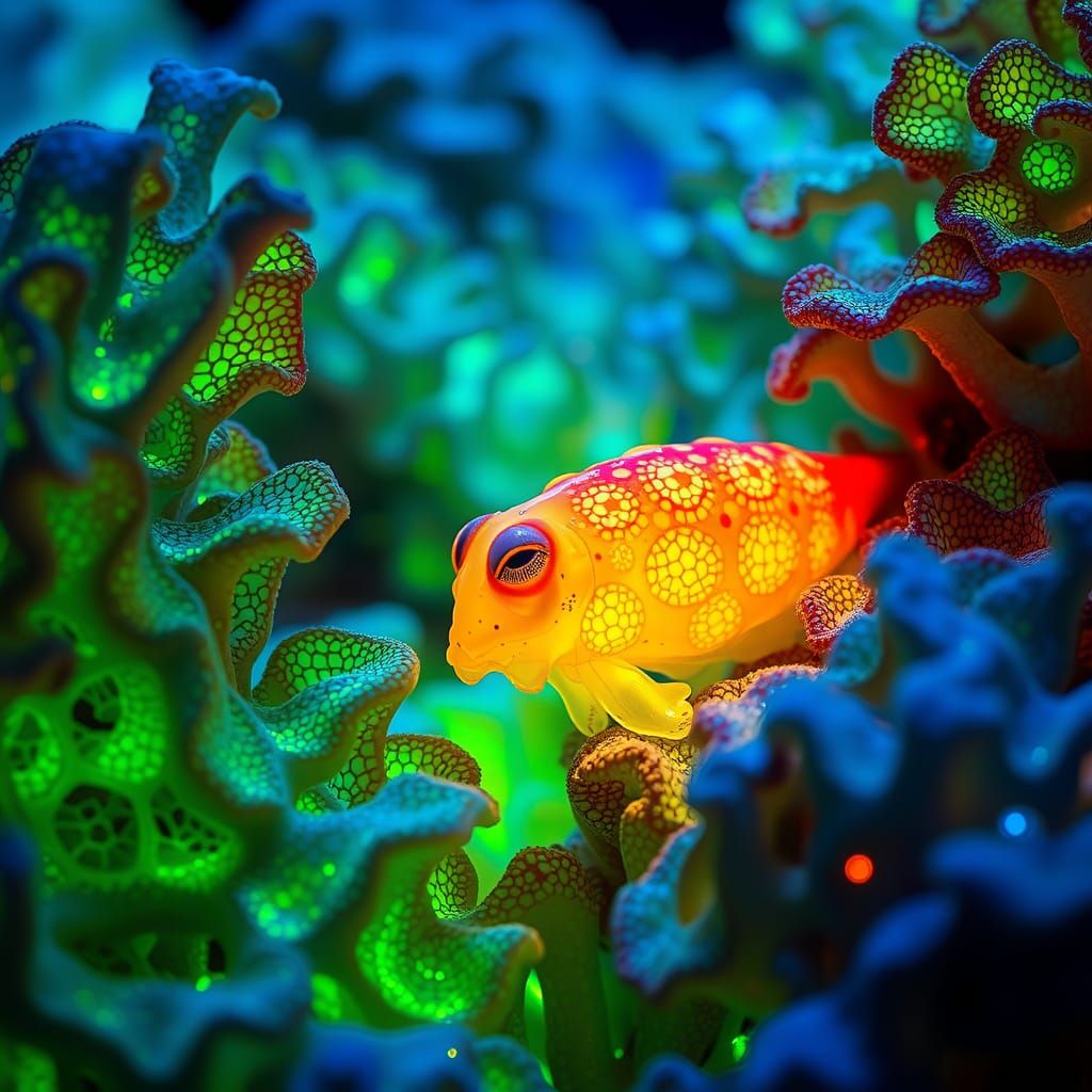 Cuttlefish Navigates Bioluminescent Coral Reef in Sci-Fi Sty...