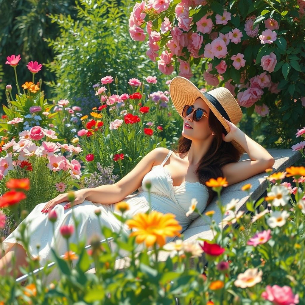 Woman Lounging in Summer Garden as Impressionist Painting