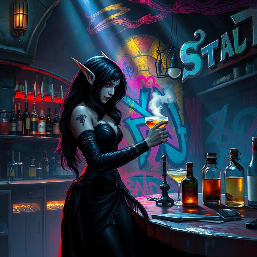 Drow Bartender in Mystical Underground Tavern